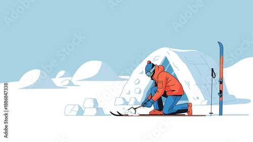 Winter Adventure: Man Building an Igloo in a Snowy Landscape With Ski Equipment
