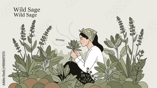 Woman Enjoying Aroma Of Fresh Wild Sage In A Serene Floral Setting