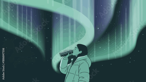 Woman Enjoying Hydration Under The Majestic Aurora Borealis Adventure