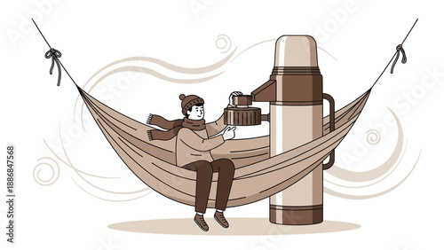 Winter Comforts Man Relaxing In Hammock With Thermos Enjoying Warm Drink Outdoors