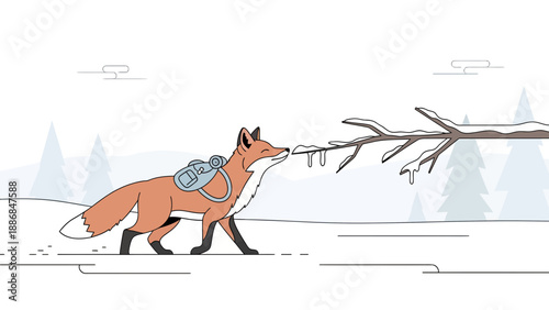 Winter Fox Adventure Graphic With Vintage Travel Pack And Snowy Forest Landscape