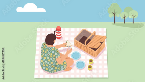 Woman Enjoying Picnic Time On Plaid Blanket With Basket And Thermos In The Park