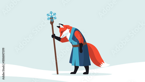 Winter Fox Sorcerer With Staff On Snowy Landscape In Cartoon Style Illustration