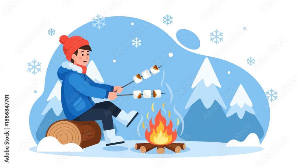Fototapeta premium Winter Fun Toasting Marshmallows Around Campfire Enjoying Outdoor Adventure