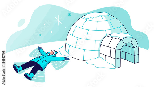 Winter Fun Making Snow Angel Near an Igloo Enjoying the Snowy Landscape