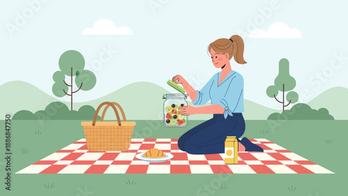 Woman Enjoys Outdoor Picnic With Healthy Fruit Salad And Refreshing Juice