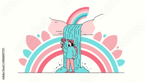 Woman Experiencing Nature's Bliss Under A Rainbow Waterfall With A Flower