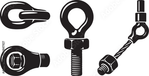 Black and white illustration of various metal hardware pieces
