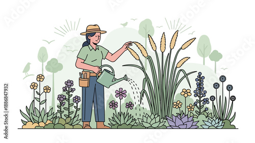 Woman Gardener Tending To Flowers With Watering Can In Cartoon Style Drawing