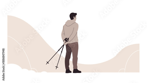 Winter Wanderer: Man With Trekking Poles Contemplates Snowy Landscape Scenery