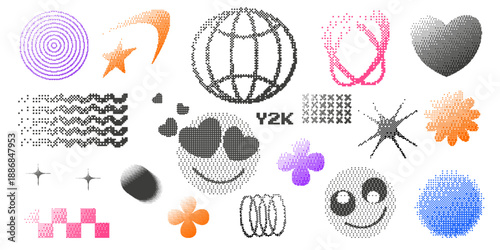 Trendy Y2K dithered pixel art elements. Set of bitmap shapes including globe, hearts, stars, and smileys. Retro halftone effect for cyberpunk and techno designs. Creative vector illustration set.