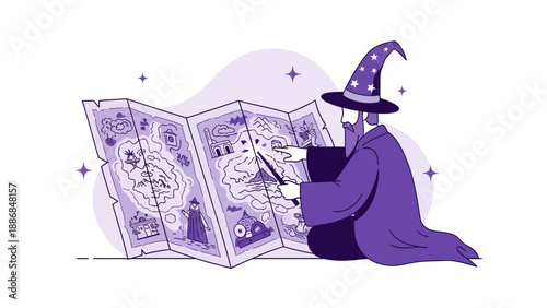 Wizard Discovering Treasure On Antique Folded Map With Magic Wand And Pointing The Route
