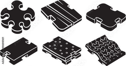 Black and white puzzle pieces in various configurations displayed