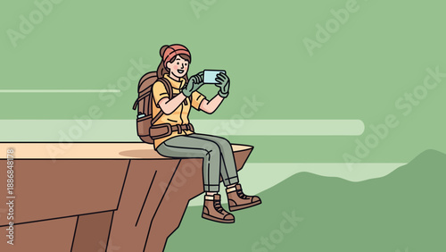Woman Hiker Taking Pictures With Smartphone On Top Of A Mountain Edge