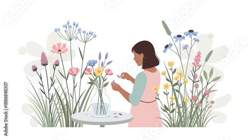 Woman Arranging Floral Bouquet In Vase In A Wildflower Meadow Illustration