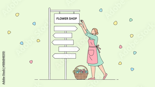 Woman Arranging Direction Sign At The Flower Shop For Business Promotion