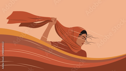 Woman In Scarf Experiencing Wind In Shades Of Brown Minimalist Style