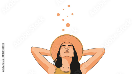 Woman In Hat Relaxing With Hands Behind Head And Eyes Closed On Summer Day