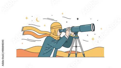 Woman In Traditional Dress Looking Through Telescope Discovering Stars