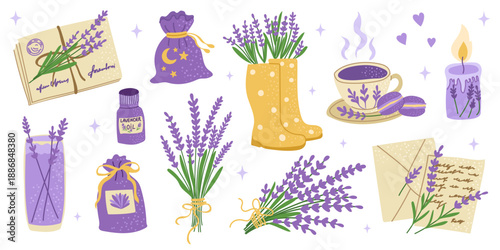 A cozy set  of lavender elements. lavender bouquets, flowers, letters decor, sachets, essential oil bottle, cup of tea with macarons, candle, rubber boots with flowers