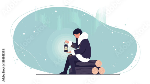 Woman In Winter Clothing Holds A Lit Lantern Beneath The Northern Lights