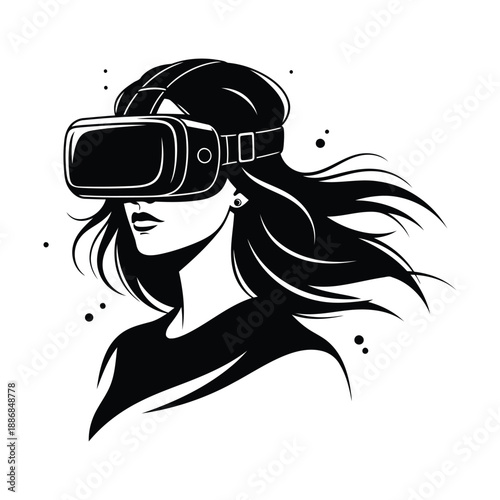 Woman wearing VR headset with flowing hair black and white virtual reality female