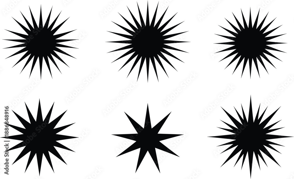 Fototapeta premium Abstract starburst sunburst shape icon set in black silhouette style for logos decorative graphics and design elements