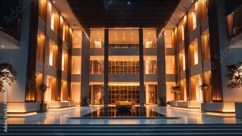 Luxury hotel lobby with grand columns warm lighting and elegant night architecture.