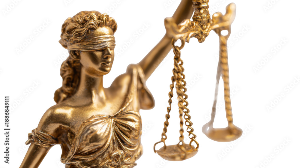 Fototapeta premium Golden Lady Justice statue holding scales isolated on white background 