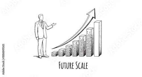 Businessman presenting rising bar graph with upward arrow symbolizing growth and success