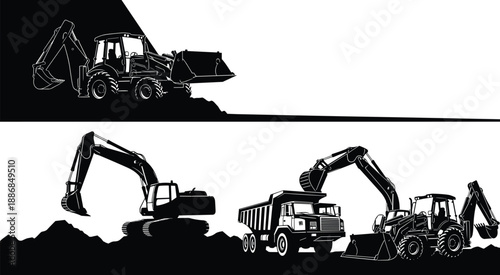 Heavy Construction and Earthwork Machinery Vector Illustration, Set of Excavators, Dump Truck, and Backhoe Loader Silhouettes Working on Ground, Industrial Equipment Graphic.