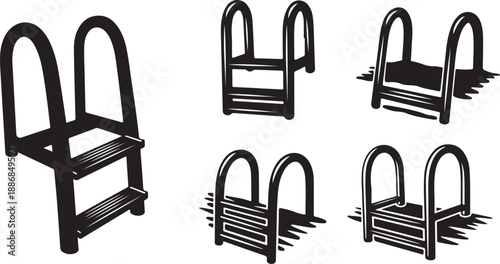 Black and white pool ladder illustrations in various positions