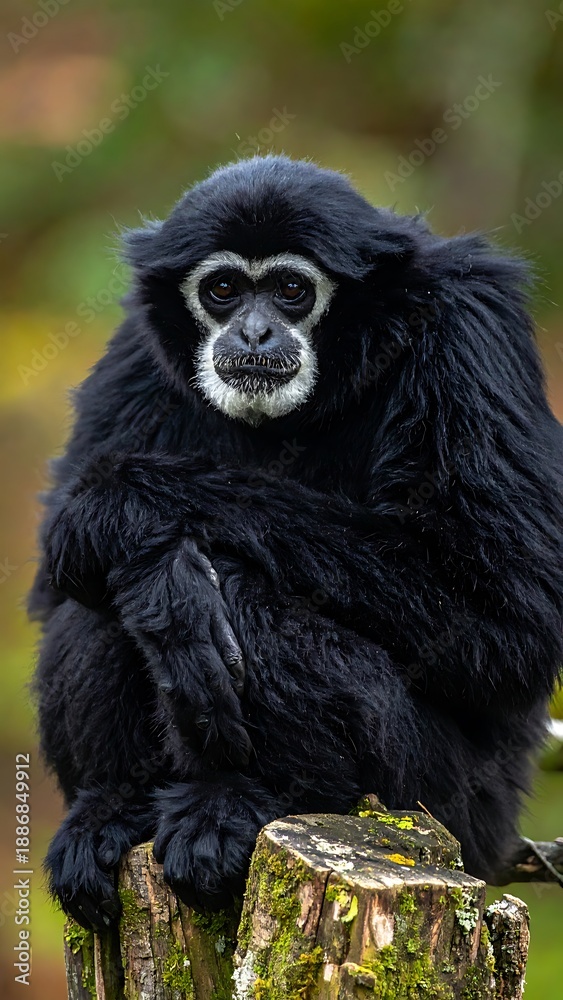 Obraz premium A dark furry primate with pale face sits atop a mossy post, gazing directly forward