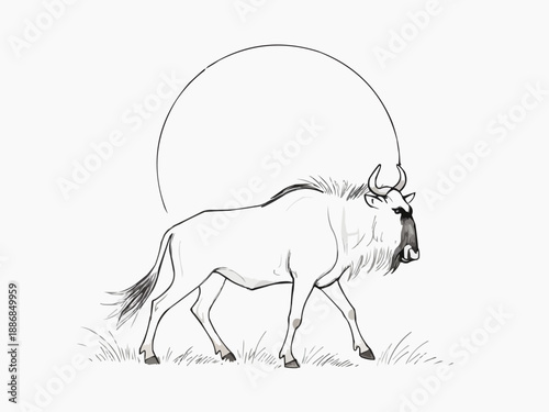 Minimalist, organic line art illustration of a graceful wildebeast roaming in the savanna, with flowing, continuous black lines on a clean white background for children coloring book, Generative AI