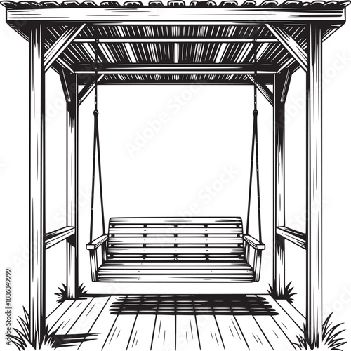 A drawing of a wooden porch swing hanging from a covered structure with a wooden floor and grass