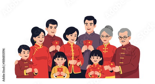 A multi-generational Asian family celebrating Chinese New Year, dressed in traditional red attire and holding lucky red envelopes.