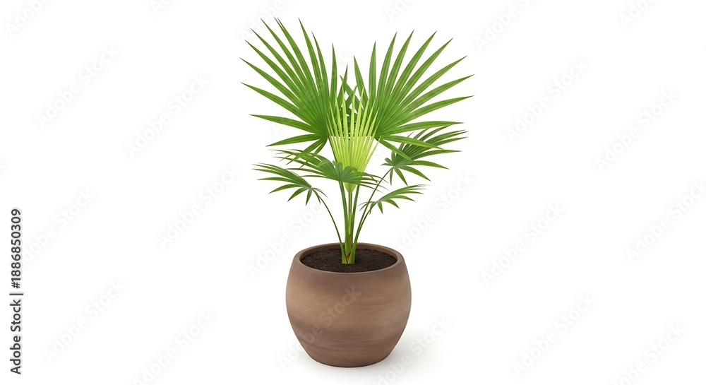 Obraz premium Tropical palm plant in ceramic pot perfect for indoor decoration enhancing living spaces naturally