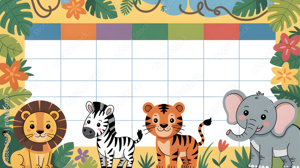 Fototapeta premium Cute jungle animals schedule planner with blank grid