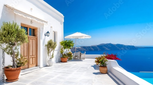 Santorini island caldera view from white cycladic terrace