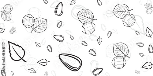 Delicate line art illustration of falling autumn leaves and seeds on a white background