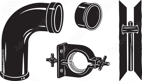Black and white illustration of pipe fittings and clamps