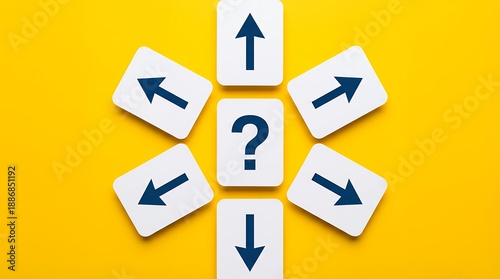 A central question mark surrounded by white cards with blue arrows pointing in various directions on a vibrant yellow surface uncertainty confusion decision choice strategy dilemma Free Download A central question mark surrounded by white cards with blue arrows pointing in various directions on a vibrant yellow surface uncertainty confusion decision choice strategy dilemma - GFXLoad