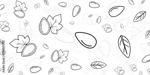 Seamless pattern with abstract almond shapes and autumn leaves in a minimalist doodle style