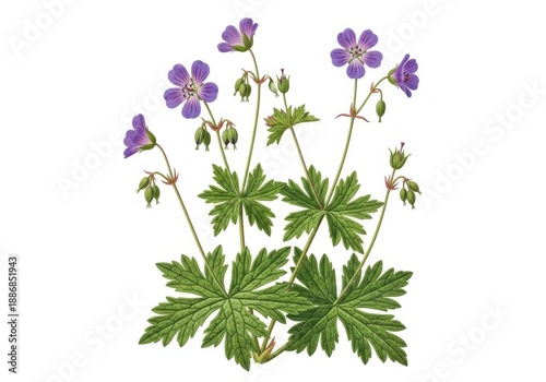 Botanical illustration of geranium pratense, a wild purple flower with green deeply lobed leaves, isolated on white background