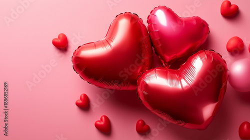 Red heart-shaped balloons on pink background flat lay, Saint Valentine's Day celebration, romantic decoration, festive display, love symbols, with copy space
