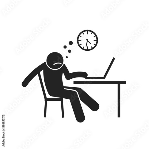 Bored office worker icon showing a tired person at a desk with a laptop and clock. Vector illustration for burnout, procrastination, and late-night work.