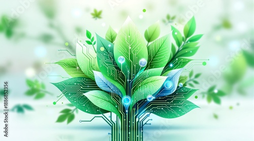 Digital Green Technology Concept Represented by Leaves with Integrated Circuit Board Patterns