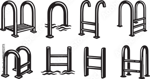 Illustration of various pool handrail designs and styles available