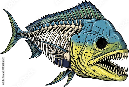 Mahi mahi dorado fish skeleton illustration with angry face and sharp teeth for sport fishing mascot
