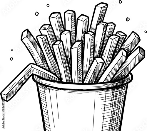 Illustration of french fries in a cup drawn in black and white hand sketched style. Vector illustration
